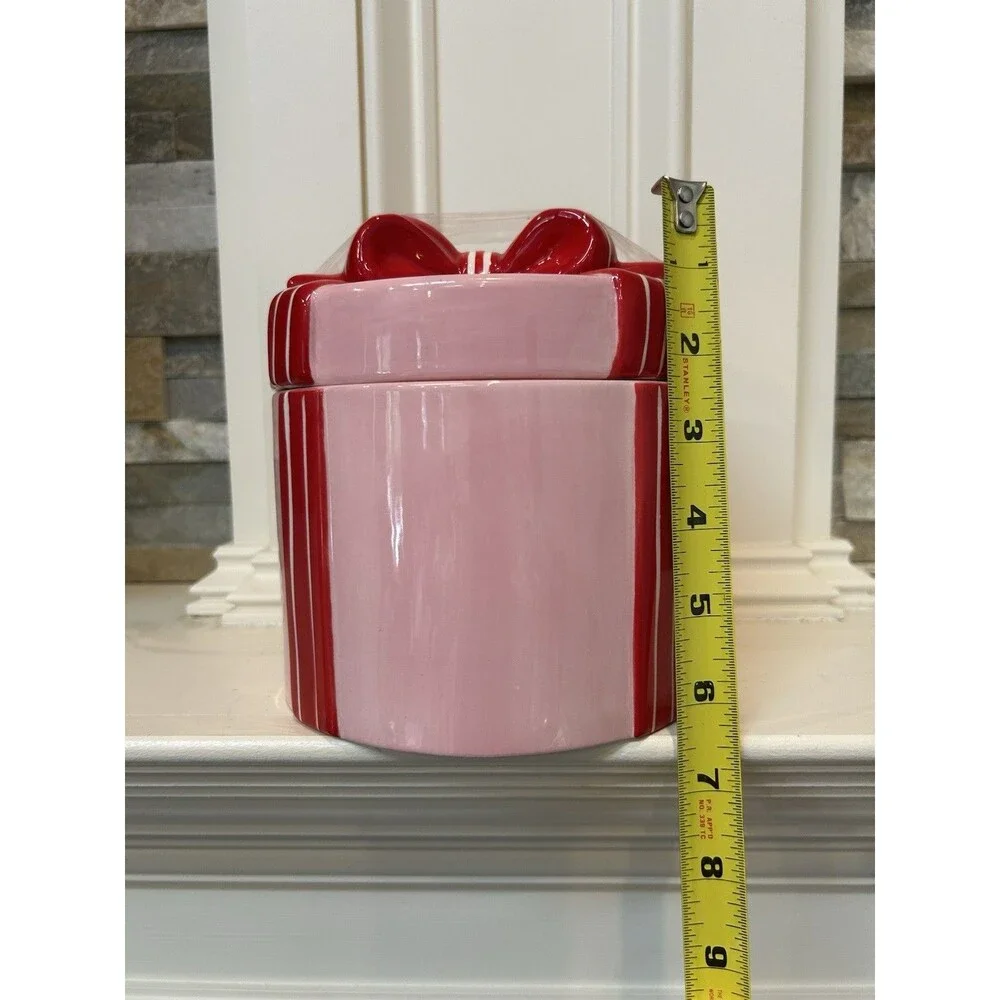 Ashland Berry Jolly Christmas Ceramic Canister With Lid Pink Red Striped 6x6”